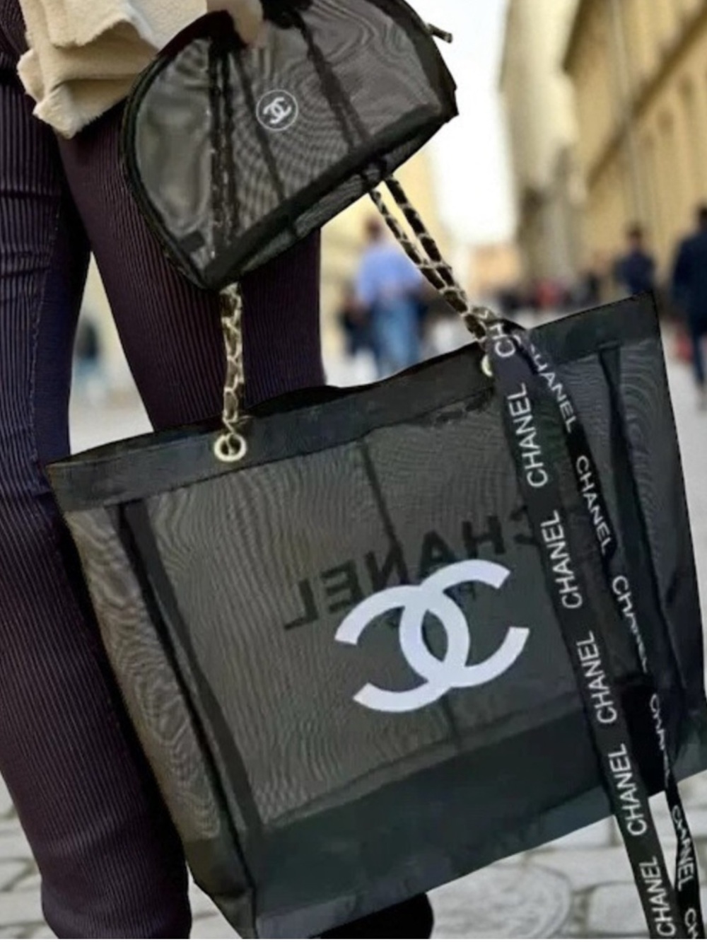 New Black Mesh Tote with Gold Chain